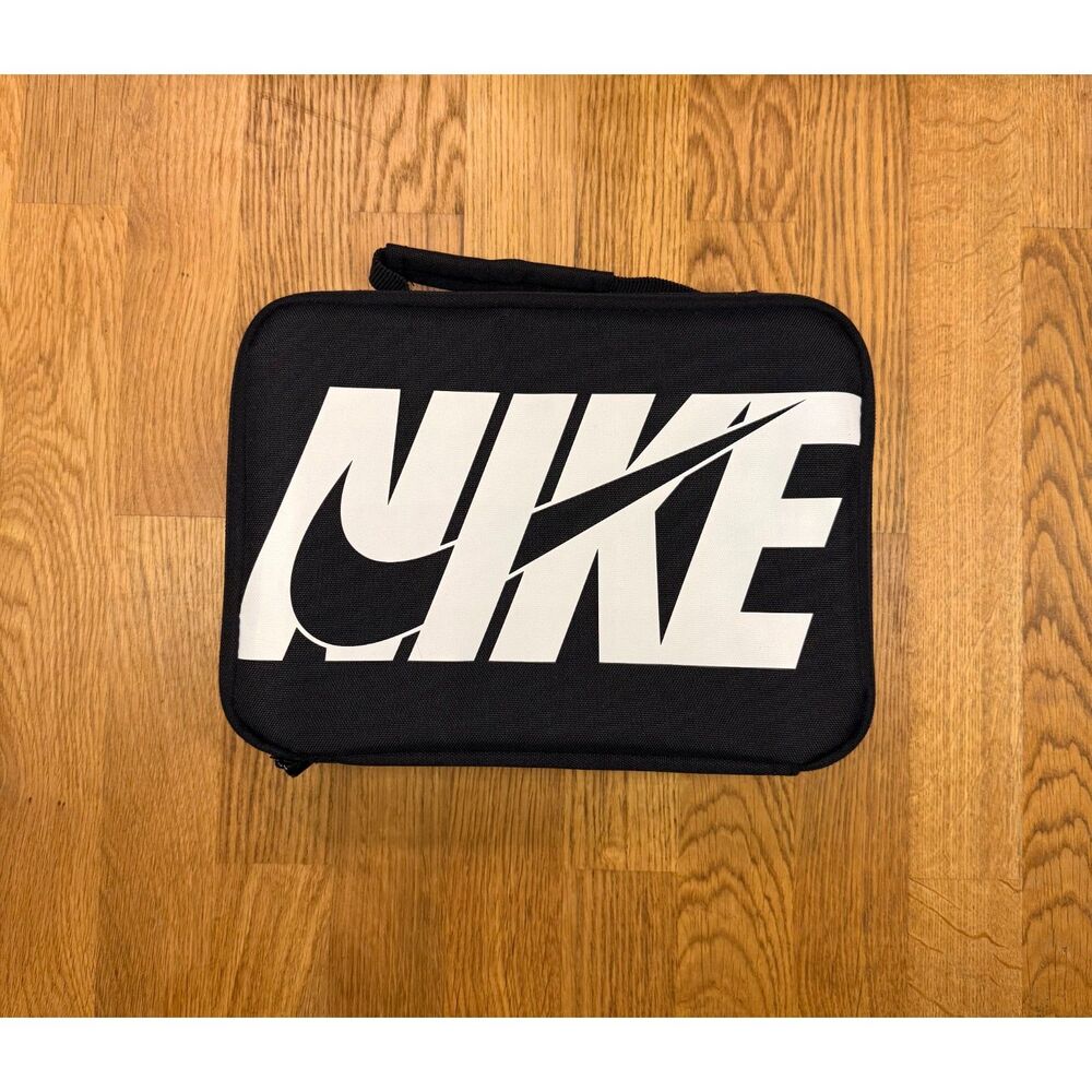 Nike Black Insulated Lunch Box Bag Large White Swoosh Logo Zip Around